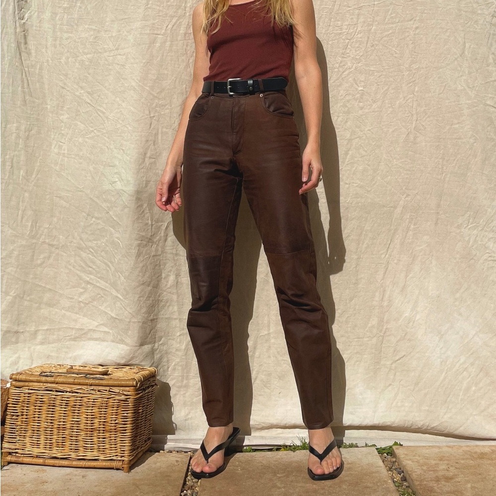 Vintage ‘80s brown leather high rise trousers / slim straight leg /biker/women - Picture 6 of 9